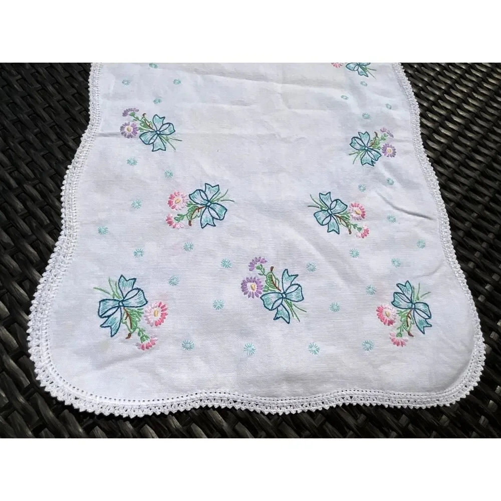 Vintage Hand Embroidered Dresser Scarf Blue Bows Floral Crochet Edge Cottagecore